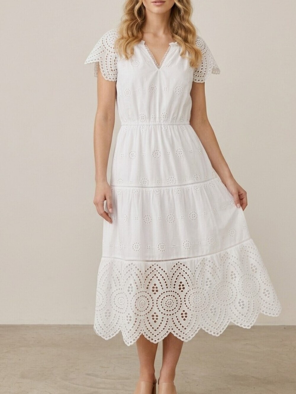 White Eyelet 100% Cotton Midi Dress Flutter Sleeve Size Small Fits Medium